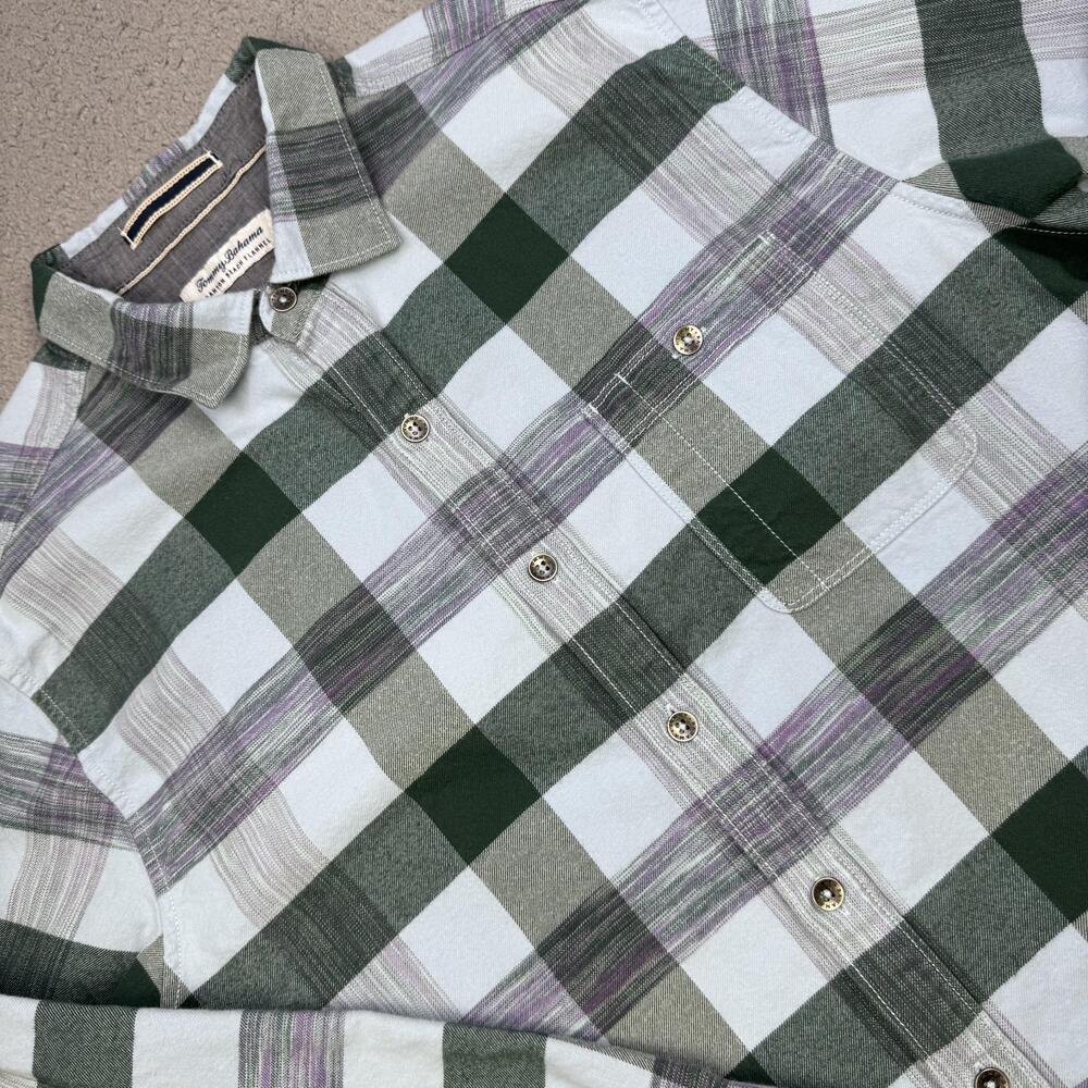 Tommy Bahama Shirt Mens Large Green Gray Plaid Canyon Beach Flannel Long Sleeve